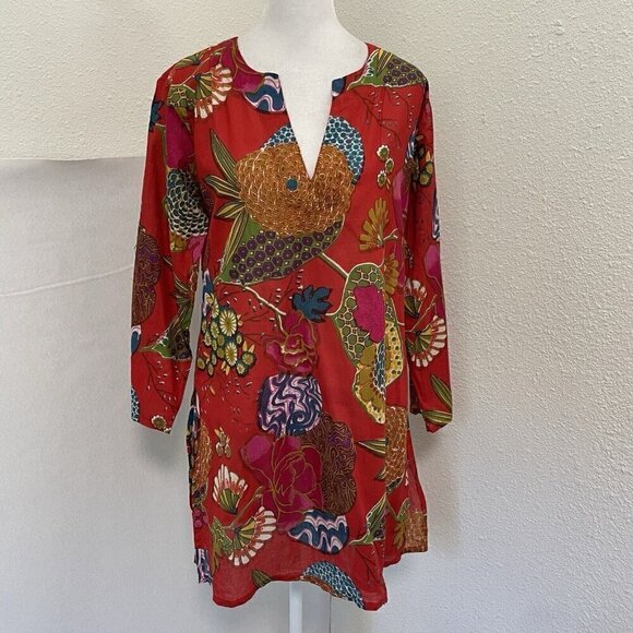 Colorful Bright Bohemian Boho Tropical Tunic Kurta Top Made in India size Small - Picture 1 of 8